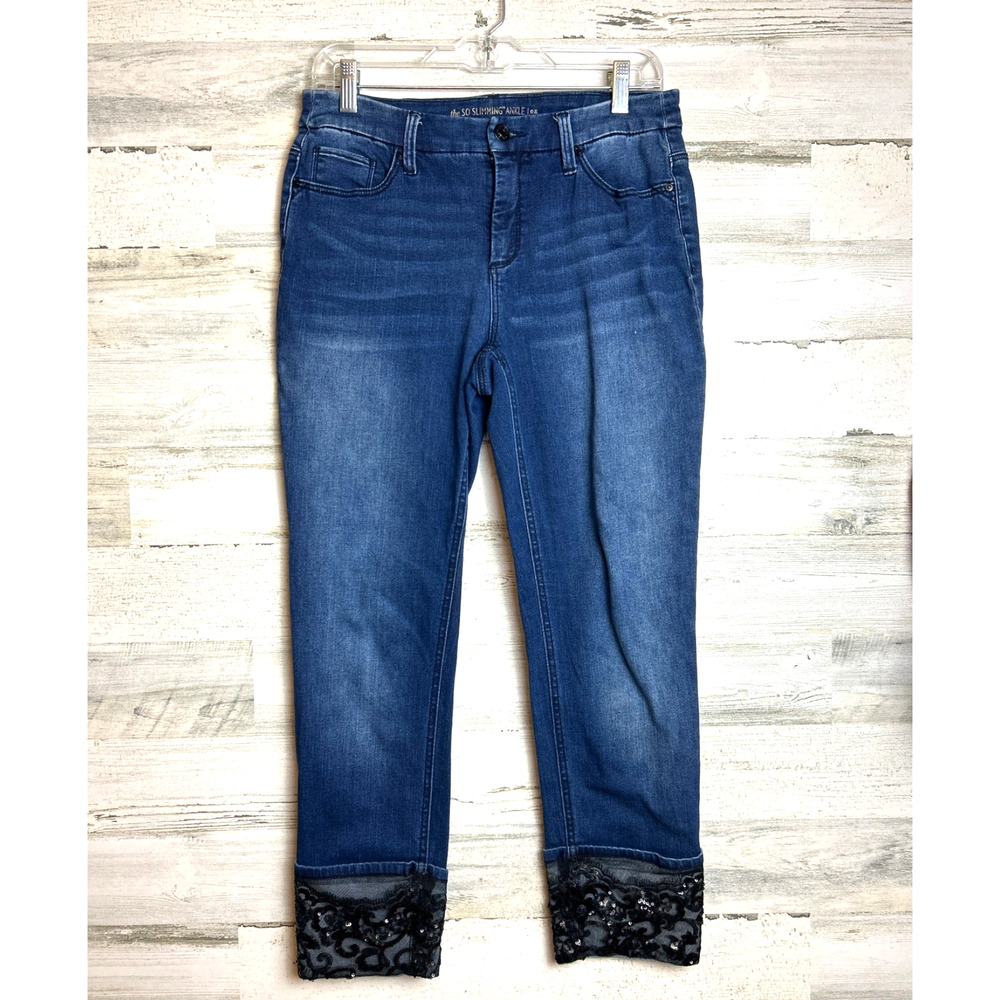 Chico’s Womens S Blue So Slimming Denim Ankle Jeans Black Lace Sequin Cuff Zip